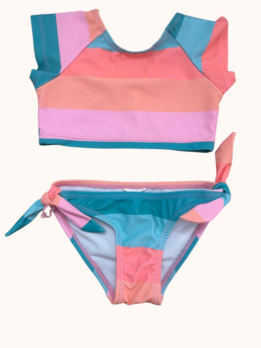 Girls' Colorblock Stripe Two-Piece Swim Set - Pink & Teal